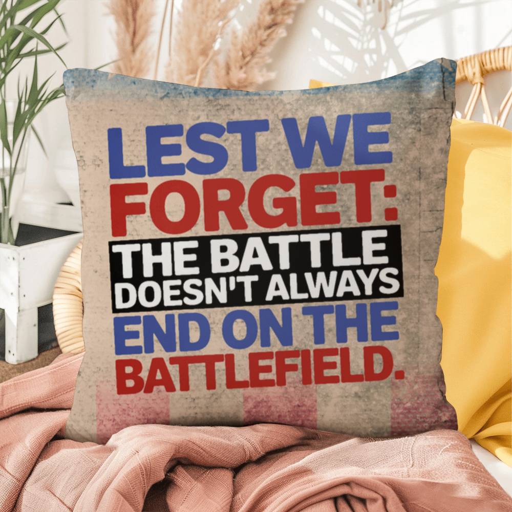 Lest We Forget custom military remembrance pillow for PTSD support, Memorial Day tribute, and honoring veteran service