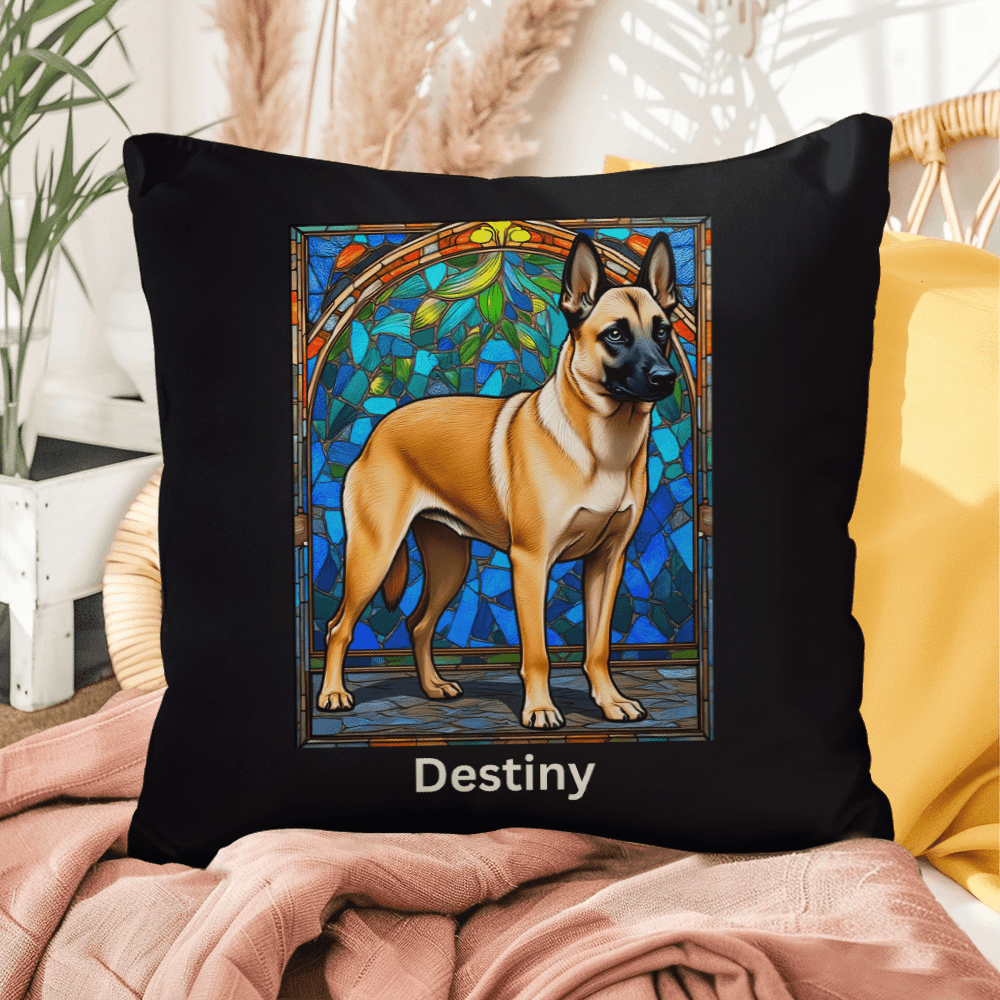 Cream Sable Belgian Malinois Pillow, personalized name stained glass art for cozy home décor