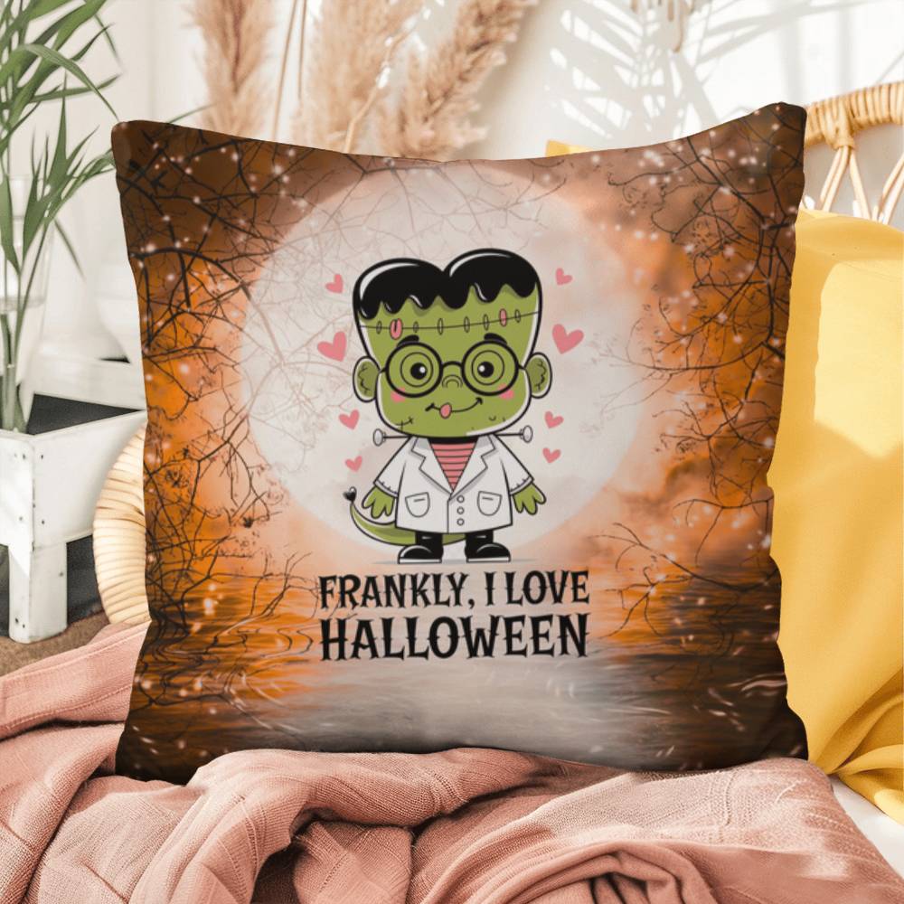 Frankenstein-inspired indoor/outdoor Halloween pillow with “Frankly I Love Halloween”