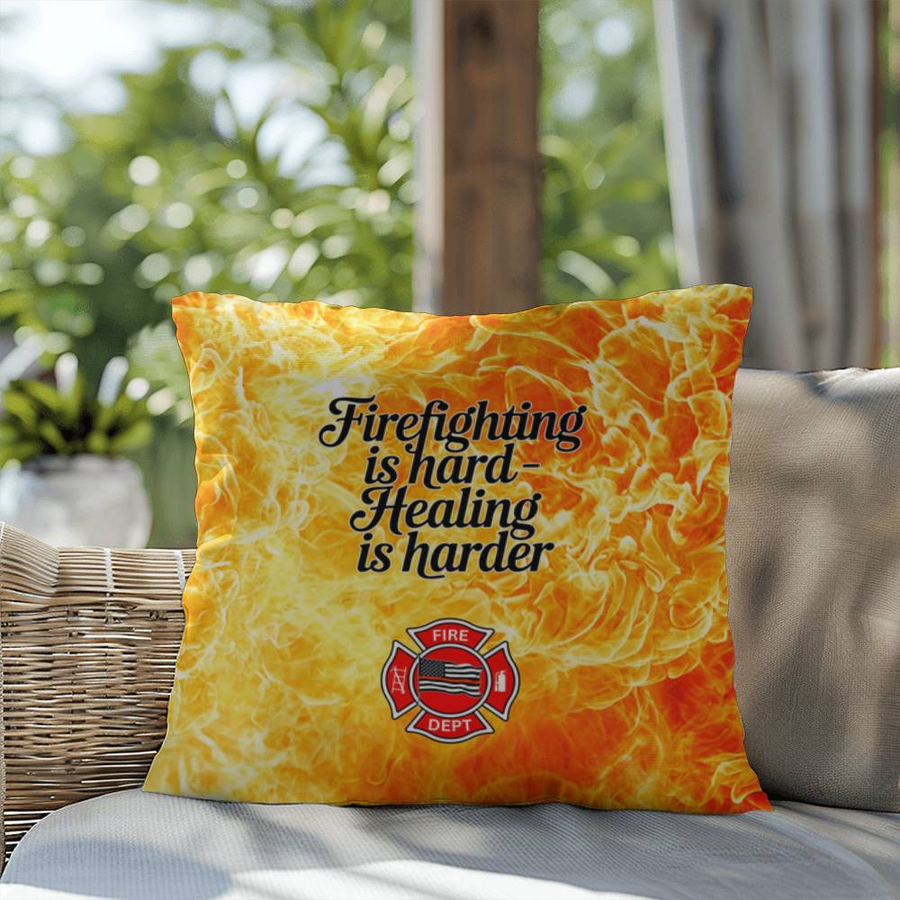 A pillow for first responders, acknowledging the difficulty of firefighting and the essential need for mental health support and healing.