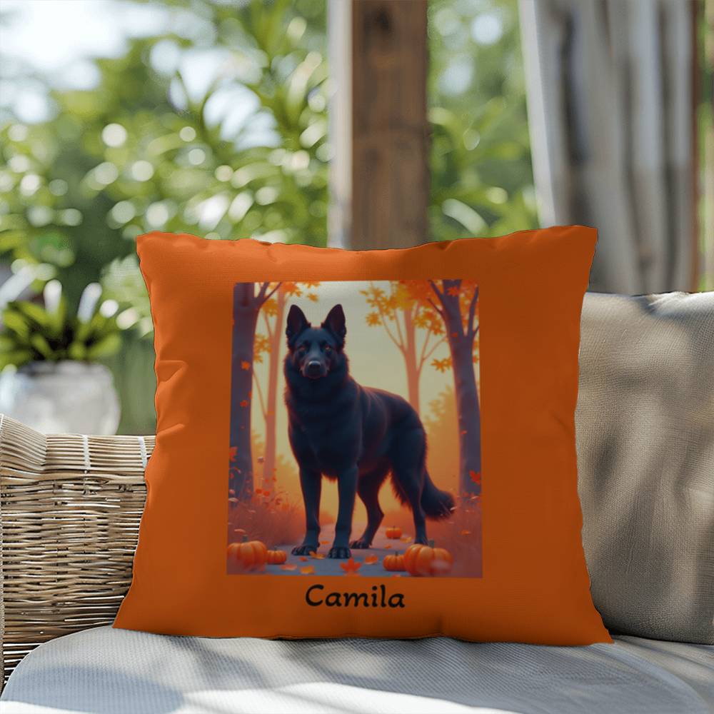Black German Shepherd pillow, personalized indoor outdoor dog cushion, water-resistant GSD decor - MySisterIsASurvivor