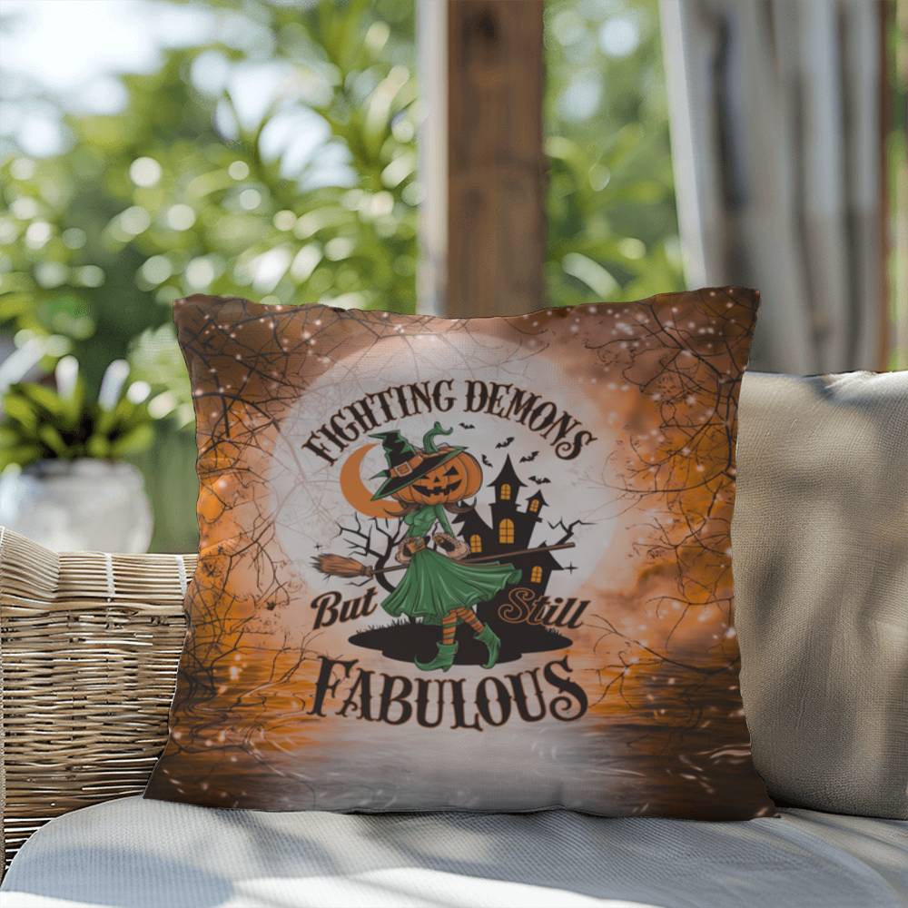 Halloween-themed indoor/outdoor throw pillow featuring “Fighting Demons” motivational message