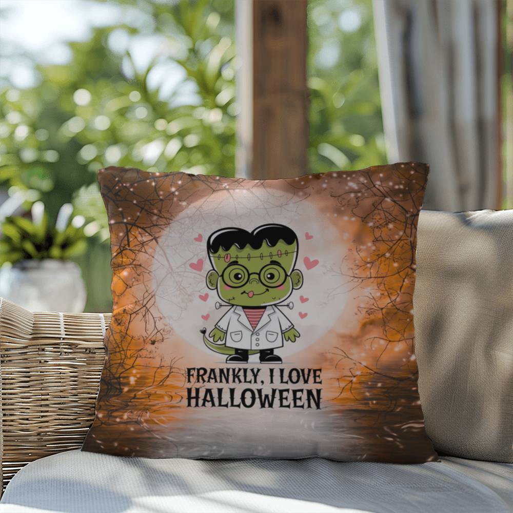 Frankenstein-inspired indoor/outdoor Halloween pillow with “Frankly I Love Halloween”