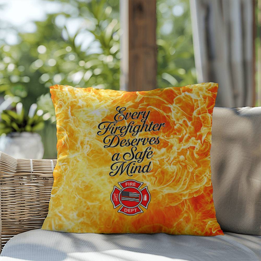 Pillow designed to promote mental health awareness for firefighters, emphasizing the need for emotional well-being and a safe mind.