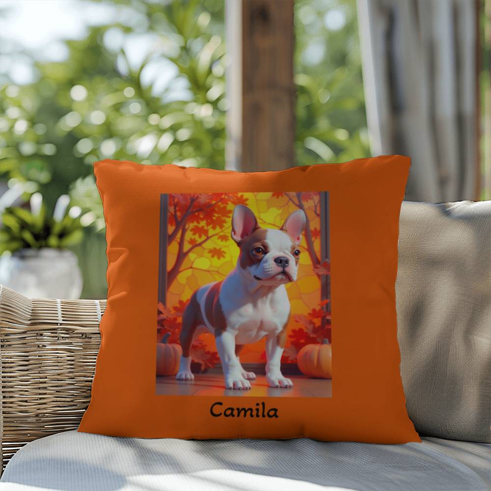 Red Pied French Bulldog pillow, personalized indoor outdoor dog cushion, custom Frenchie decor - MySisterIsASurvivor