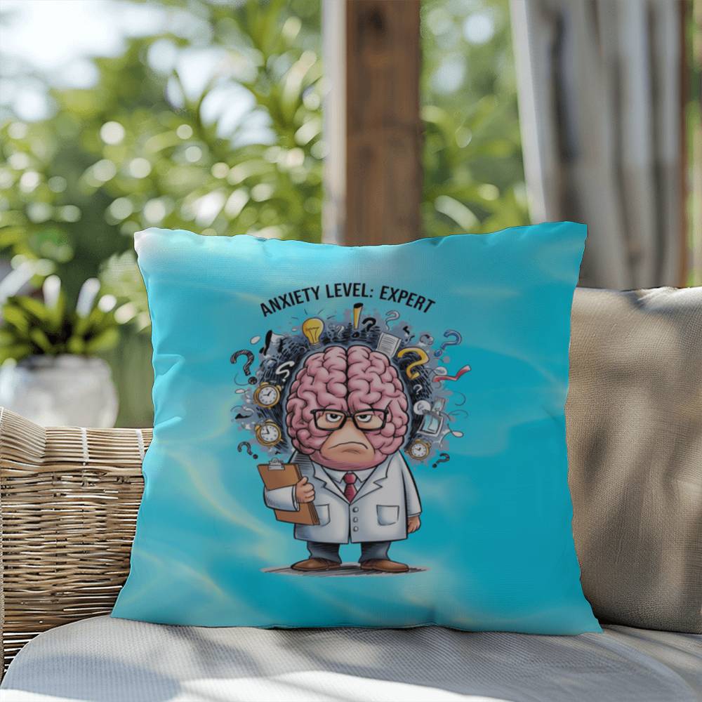 Personalized "Anxiety Level: Expert" indoor/outdoor pillow, mental health decor cushion for self-care and anxiety relief.