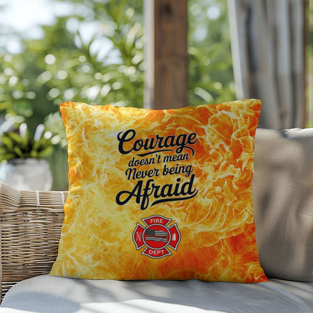 A comforting pillow for firefighters, emphasizing that courage includes acknowledging fears and seeking help when needed.