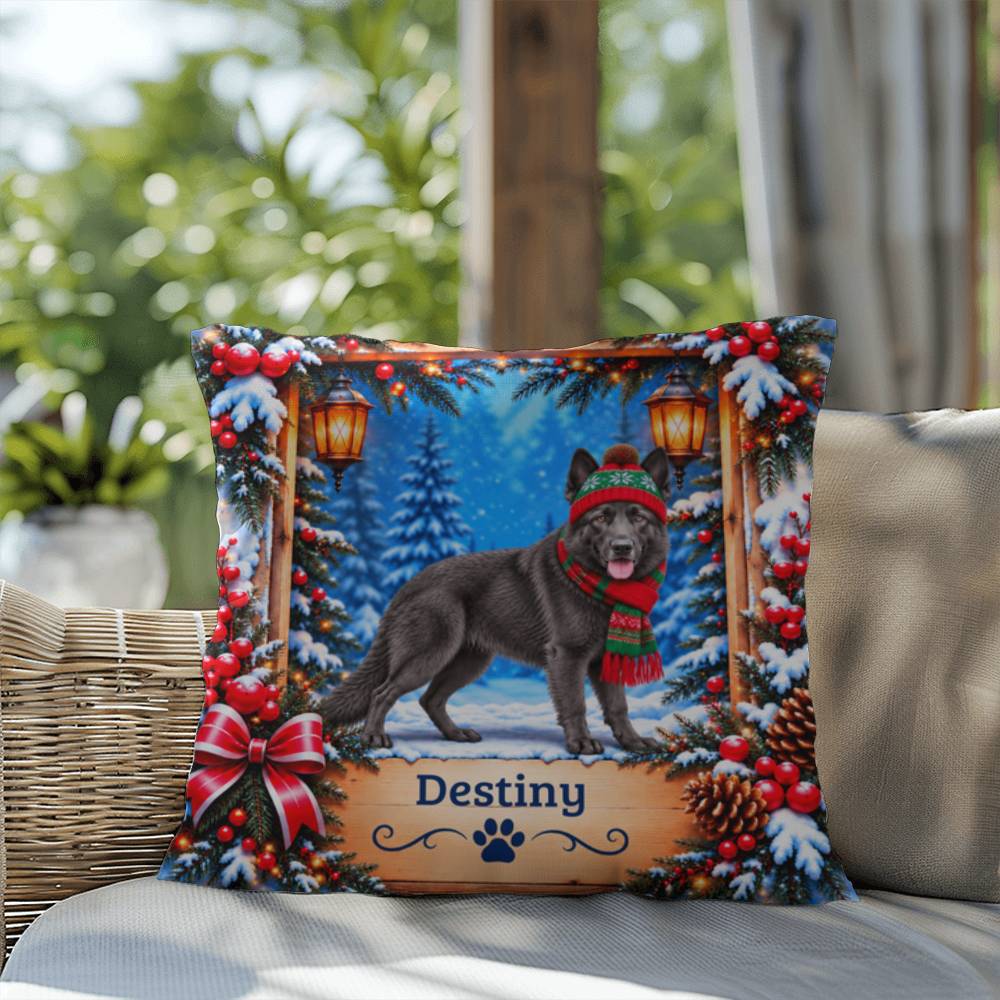 German Shepherd (Solid Blue Steel Coat) - Personalized Woodland Pillow, Custom Name Winter Gift