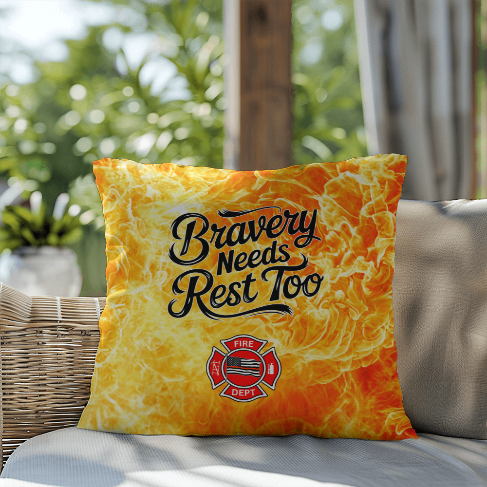 Custom pillow reminding first responders that bravery includes self-care and rest. Perfect for cozy spaces and mental health awareness.