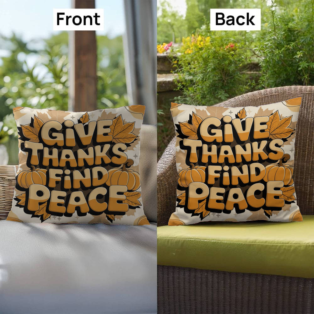 Give Thanks, Find Peace throw pillow with mindful Thanksgiving quote and vibrant autumn décor colors