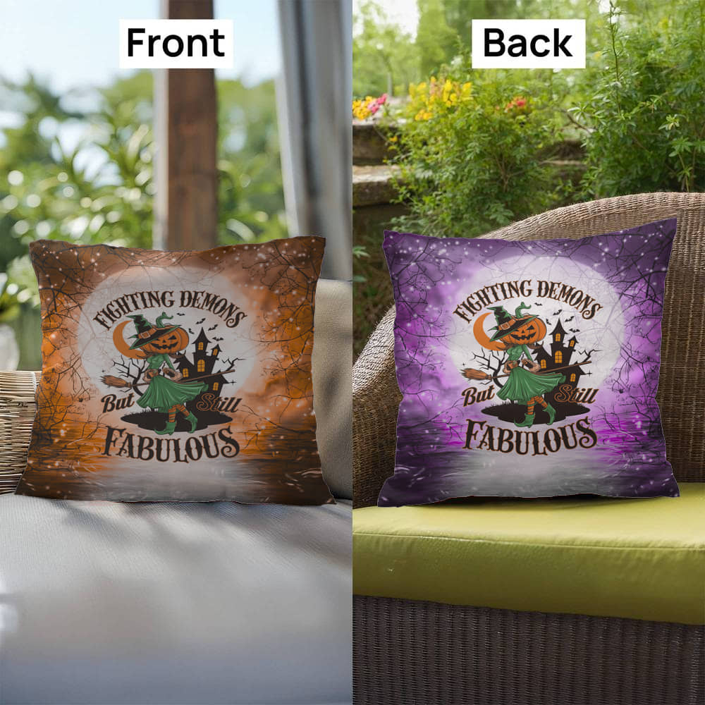 Halloween-themed indoor/outdoor throw pillow featuring “Fighting Demons” motivational message