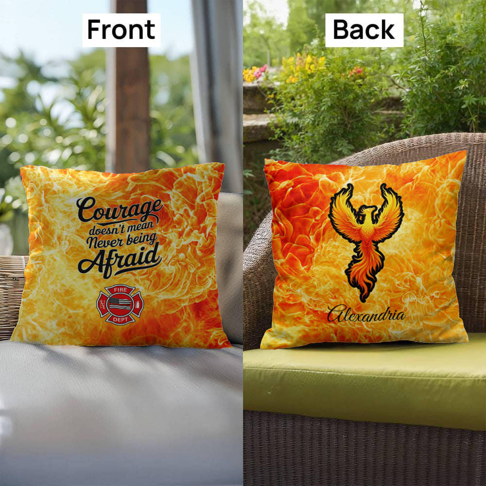 A comforting pillow for firefighters, emphasizing that courage includes acknowledging fears and seeking help when needed.