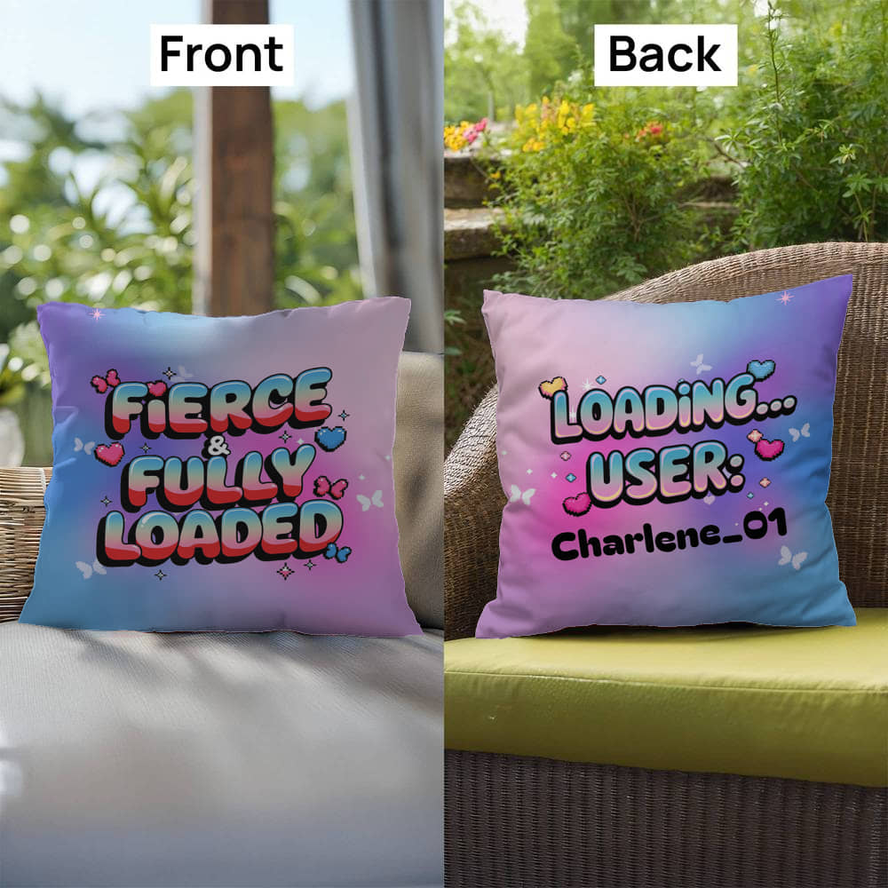 Fierce & Fully Loaded Y2K throw pillow with custom name in bold, futuristic chrome text for empowered self-care vibes