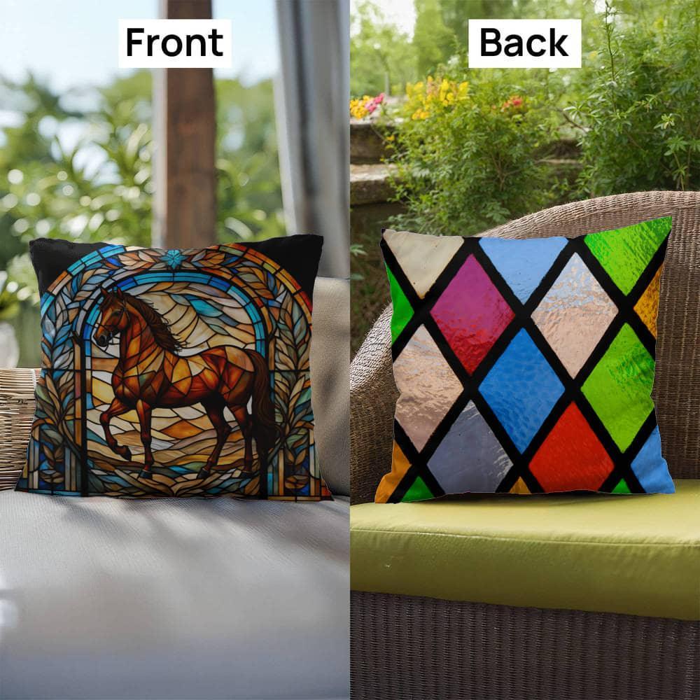 Shop our premium horse stained glass indoor outdoor pillow from MySisterIsASurvivor.
