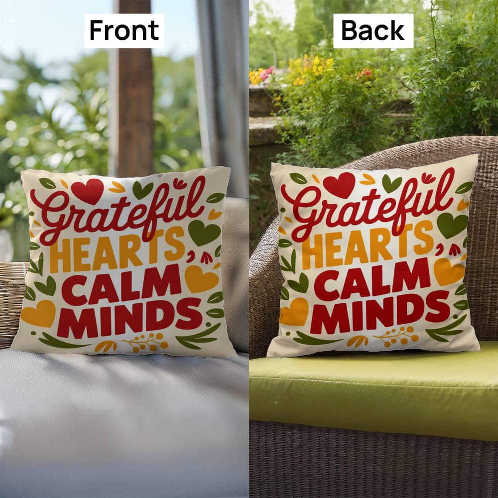 Grateful Hearts, Calm Minds pillow in bright fall tones with Thanksgiving gratitude and mindfulness quote