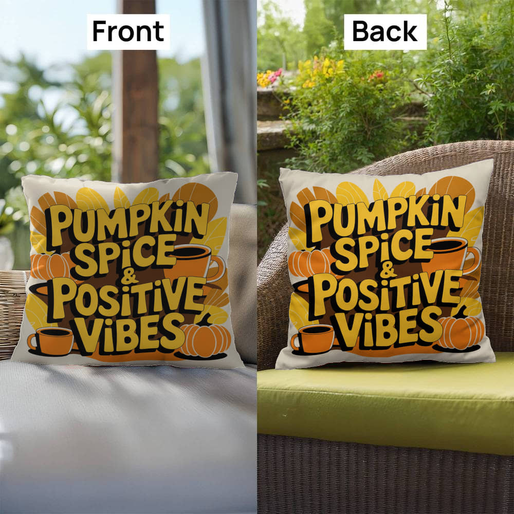 Pumpkin Spice & Positive Vibes pillow with autumn mindfulness message and cozy seasonal décor