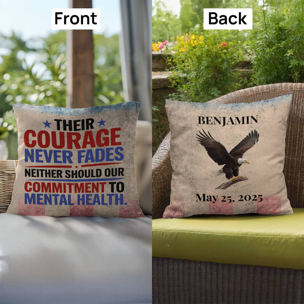 Their Courage Never Fades personalized veteran support pillow with military tribute and PTSD awareness message