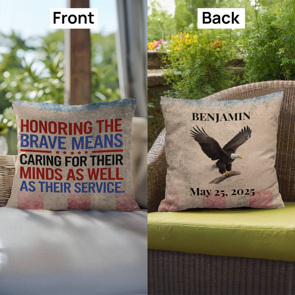 Honoring the Brave personalized outdoor pillow honoring veterans, PTSD warriors, and Memorial Day tribute