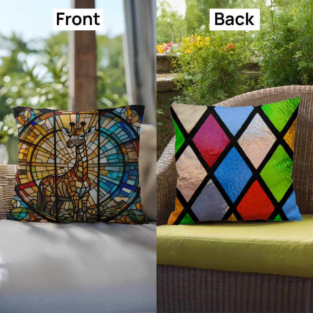 Giraffe stained glass throw pillow, jungle animal wildlife decor, indoor outdoor home accent