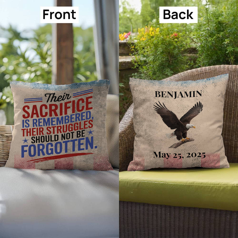 Their Sacrifice Is Remembered custom tribute pillow for Memorial Day, PTSD support, and honoring military service