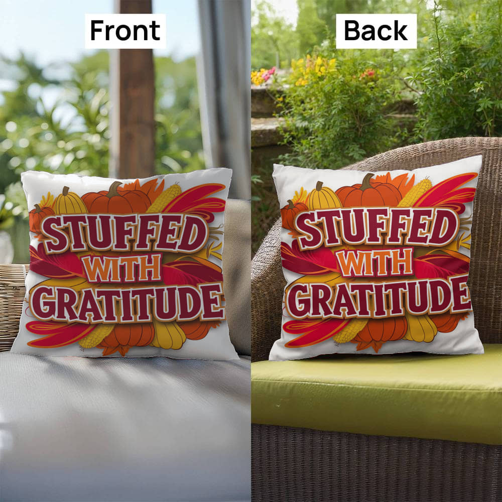 Stuffed With Gratitude throw pillow featuring Thanksgiving quote and warm fall seasonal décor accent