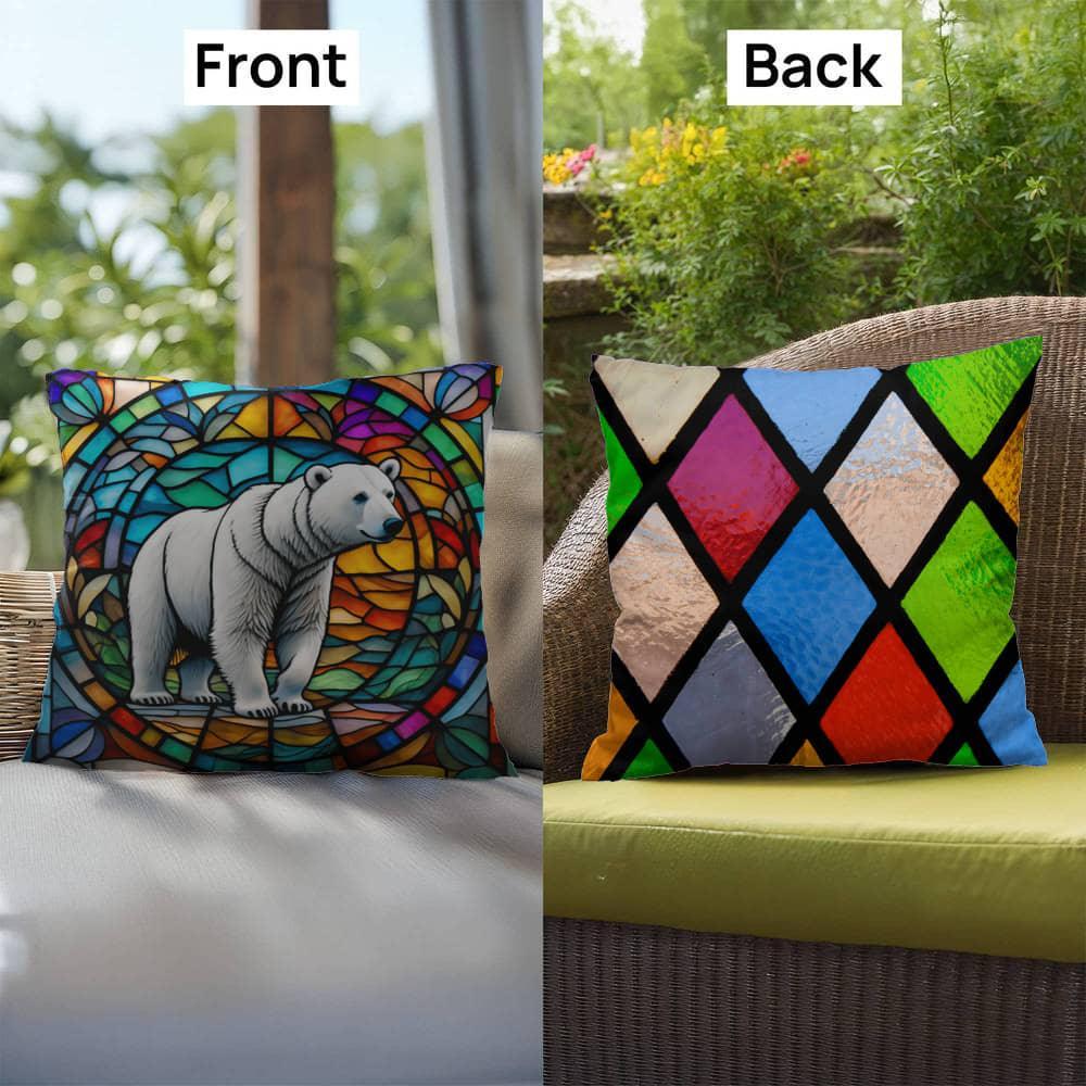 Shop our premium polar bear stained glass indoor outdoor pillow from MySisterIsASurvivor.