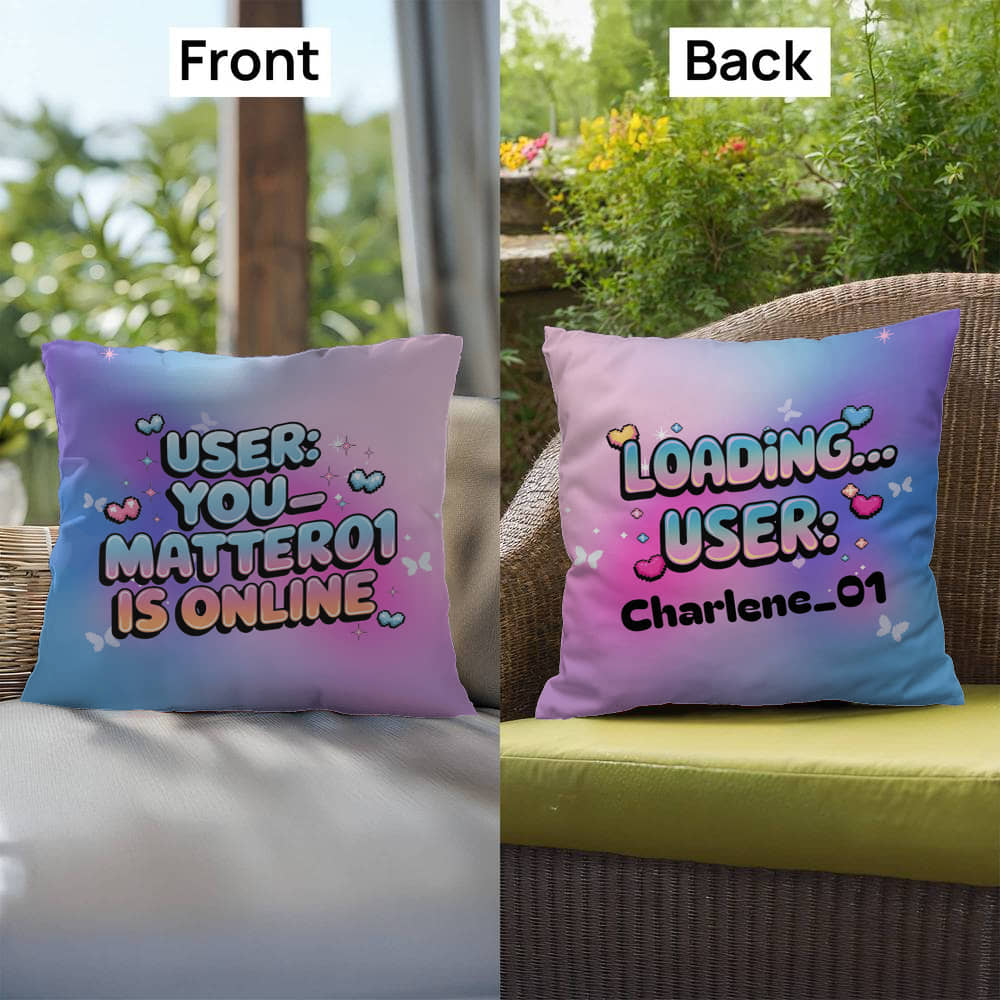 Retro tech pillow reading "User: You_Matter01 is Online" with a customizable username and vibrant Gen Z color scheme