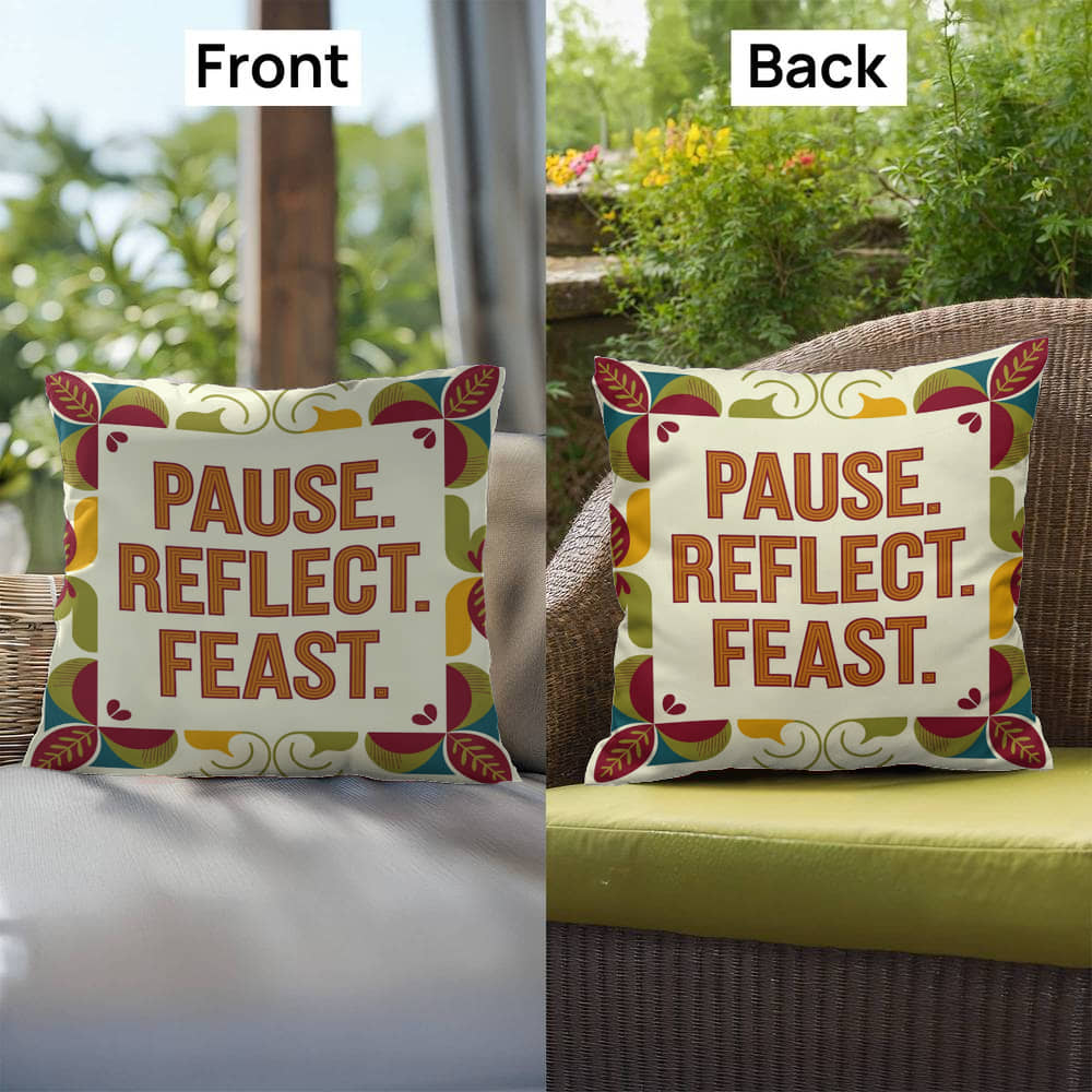Pause. Reflect. Feast. pillow featuring Thanksgiving gratitude quote and cozy autumn home décor