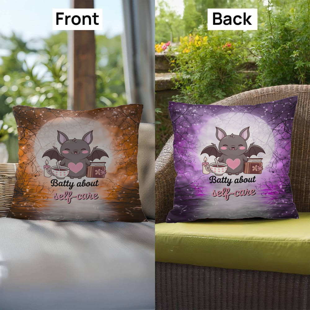 Halloween indoor/outdoor throw pillow with bats and “Batty About Self-Care” for mental health encouragement