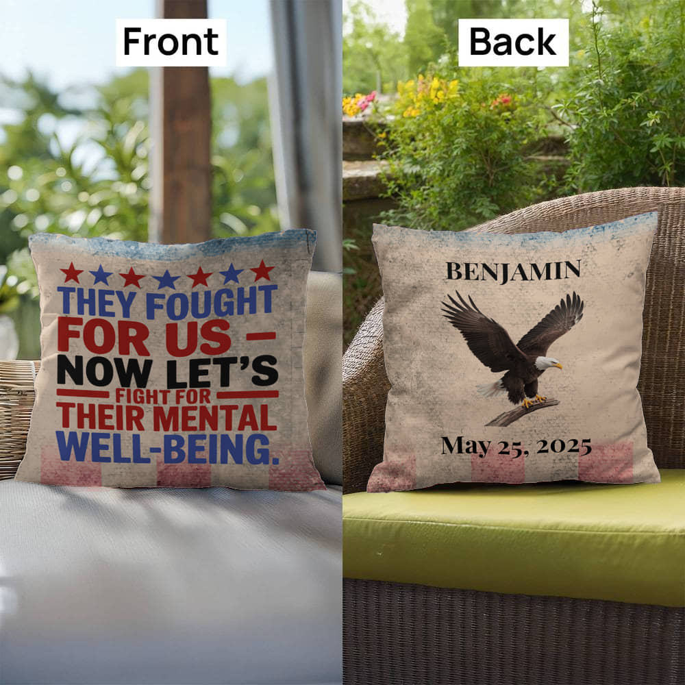 They Fought for Us personalized outdoor pillow honoring military veterans, PTSD warriors, and Memorial Day remembrance