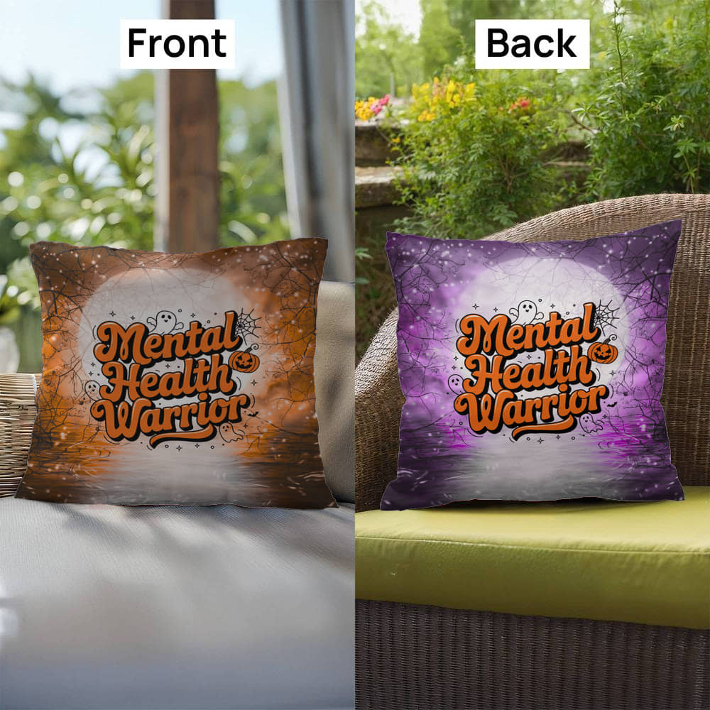 Halloween indoor/outdoor pillow with “Mental Health Warrior” for support and awareness