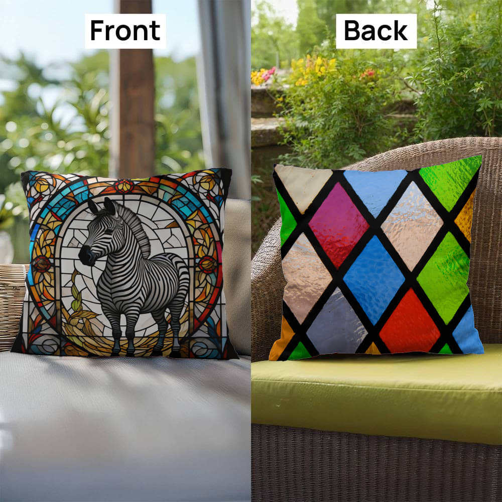 Zebra stained glass throw pillow, safari wildlife home decor, indoor outdoor accent cushion