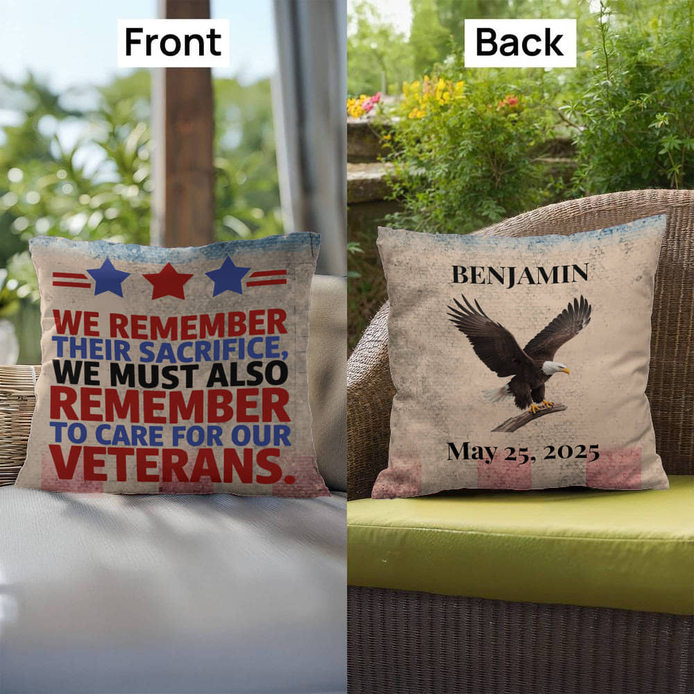 We Remember Their Sacrifice personalized pillow for veteran tribute, PTSD support, and Memorial Day remembrance