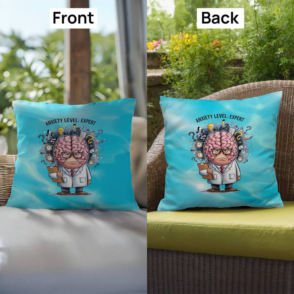 Personalized "Anxiety Level: Expert" indoor/outdoor pillow, mental health decor cushion for self-care and anxiety relief.