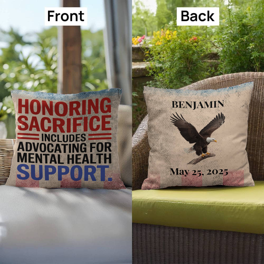 Honoring Sacrifice custom pillow for military tribute, PTSD support, and veteran remembrance on Memorial Day or year-round
