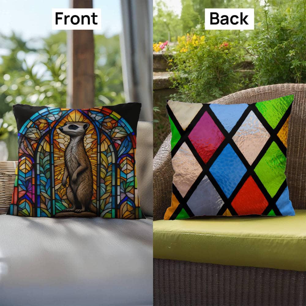 Shop our premium meerkat stained glass indoor outdoor pillow from MySisterIsASurvivor.