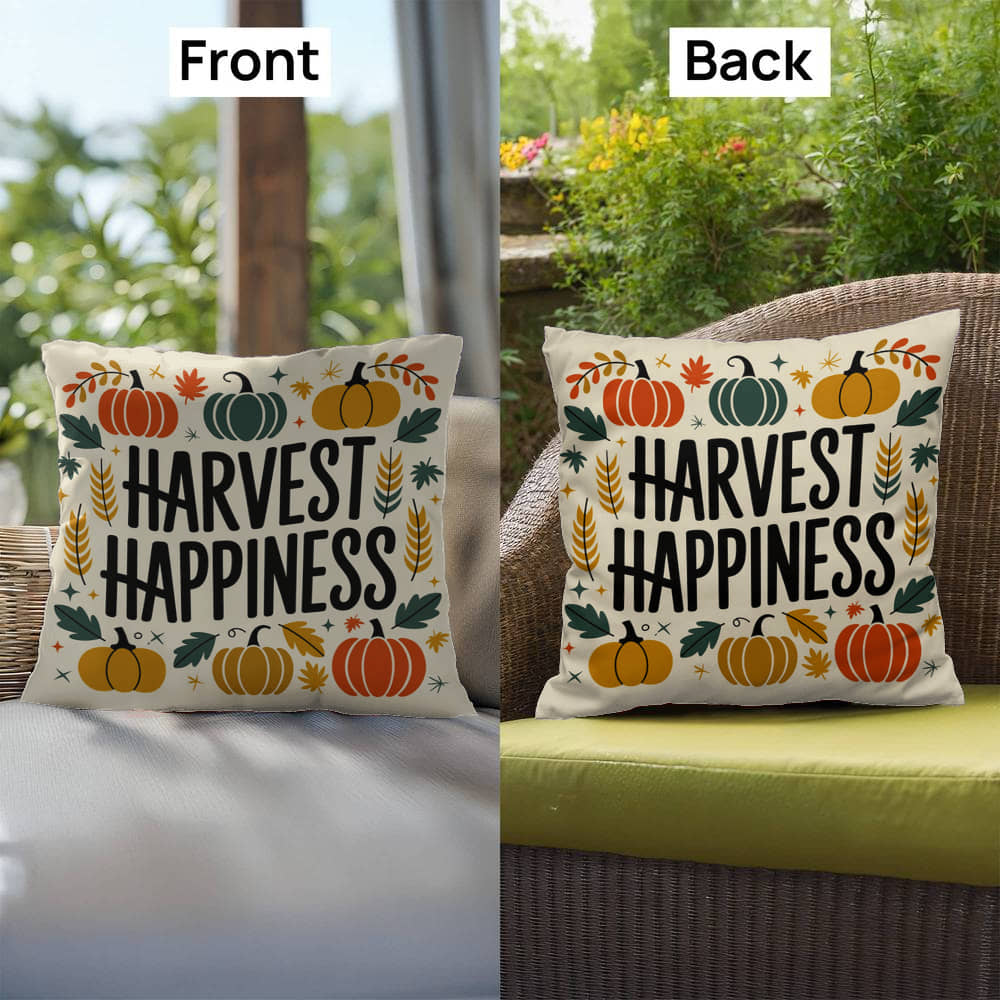 Harvest Happiness throw pillow with fall mindfulness quote, cozy colors and seasonal home décor