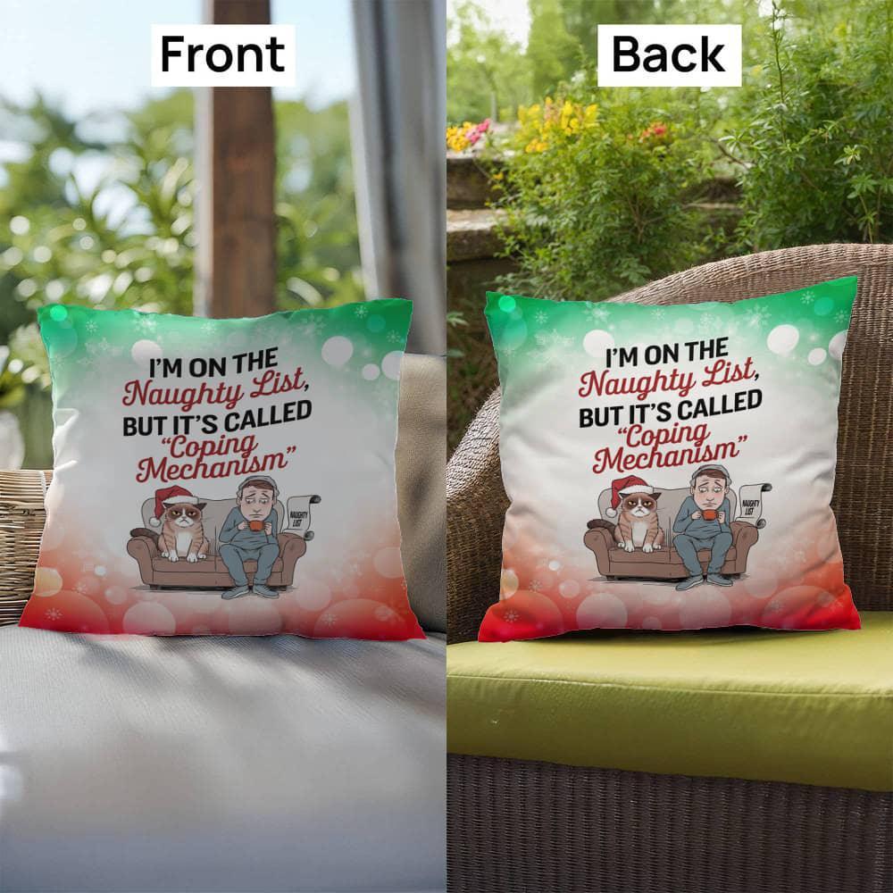 Shop our premium naughty list man and cat indoor outdoor pillow from MySisterIsASurvivor.