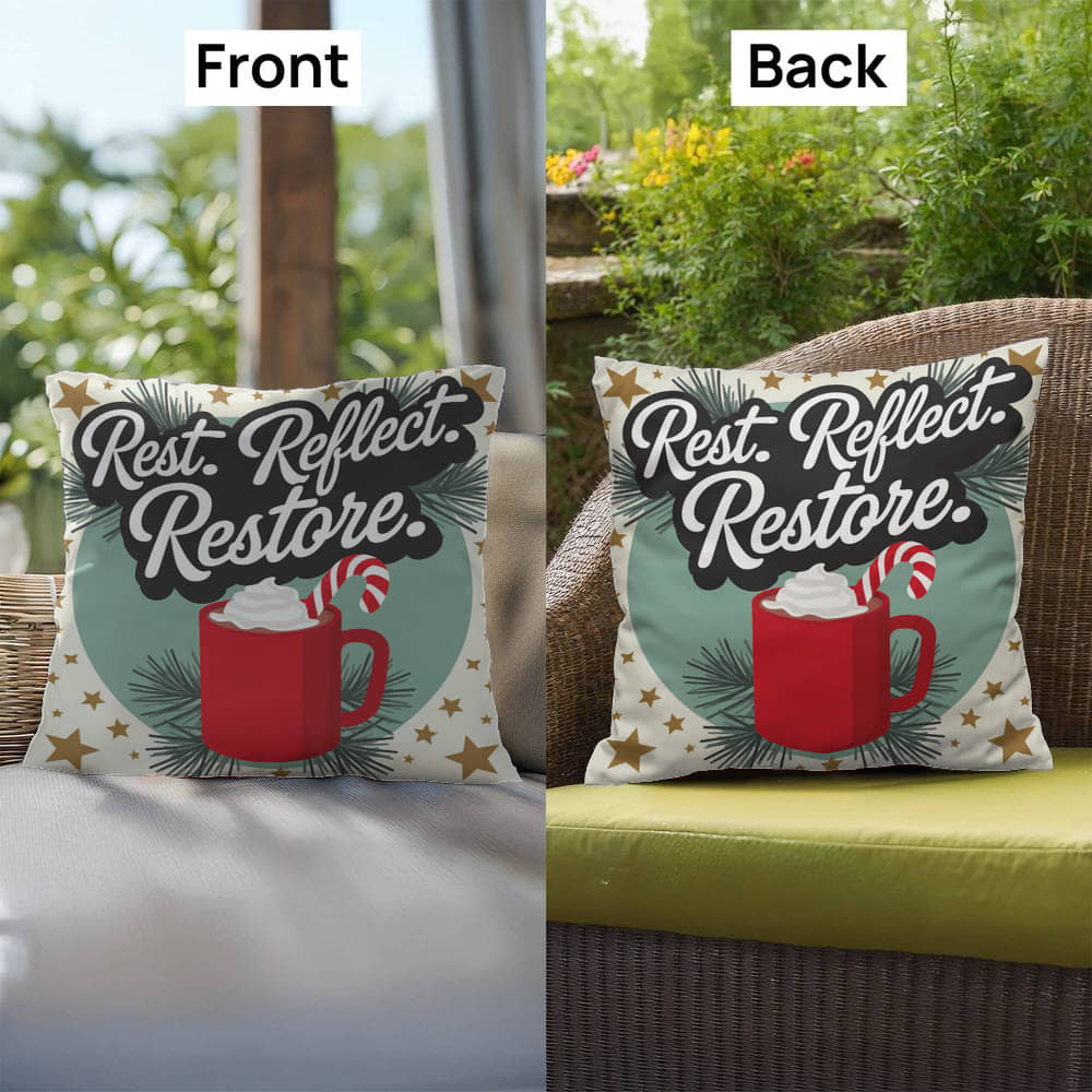 Rest. Reflect. Restore Throw Pillow - Peaceful Christmas pillow for rest and mindfulness