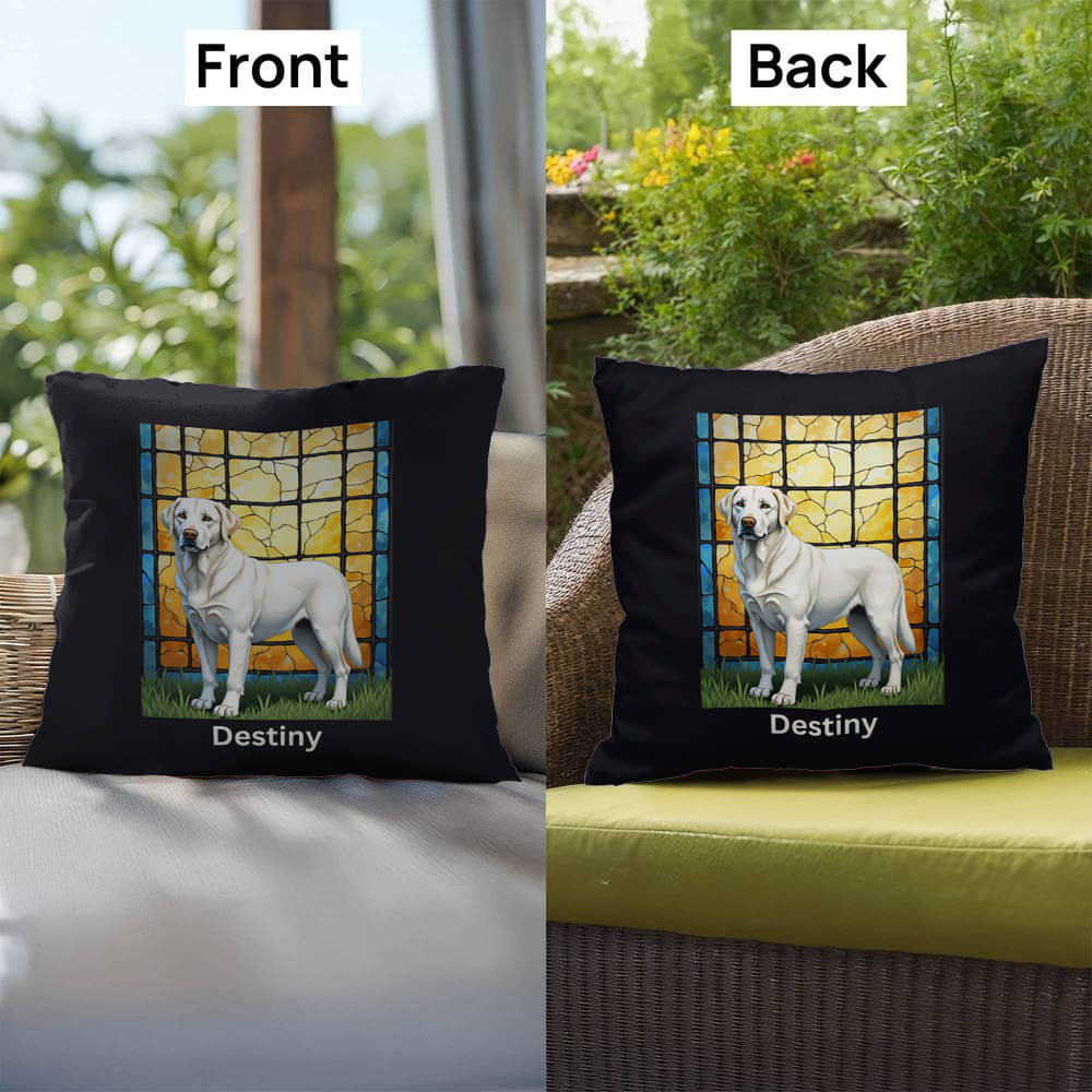 White Labrador Retriever Pillow, custom name stained glass dog décor for pet lovers