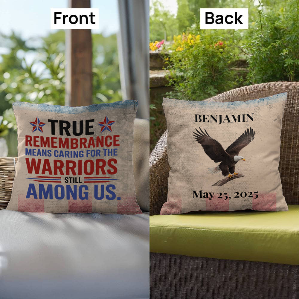 True Remembrance Means Caring custom military pillow for PTSD awareness, Memorial Day tribute, and emotional healing