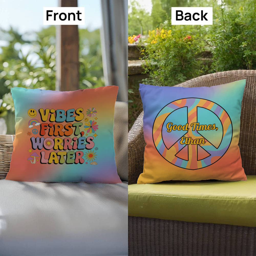 Groovy personalizable pillow with “Vibes First, Worries Later” in upbeat lettering and rainbow tones for peaceful home accents