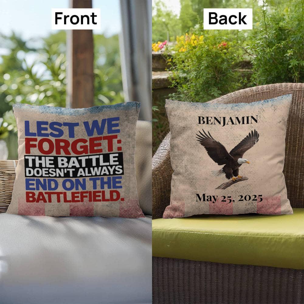 Shop our premium lest we forget indoor outdoor pillow from MySisterIsASurvivor.