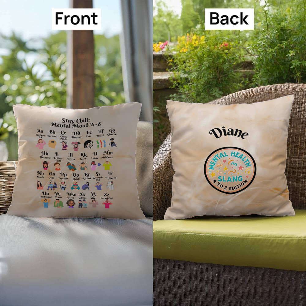 Stay chill pillow featuring A to Z mental mood terms to inspire calm, therapy, and self-awareness