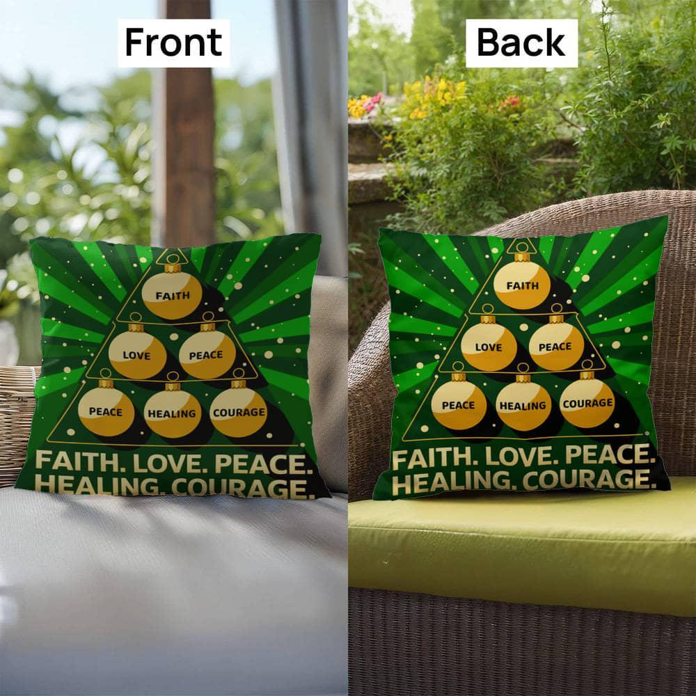 Shop our premium faith love peace indoor outdoor pillow from MySisterIsASurvivor.