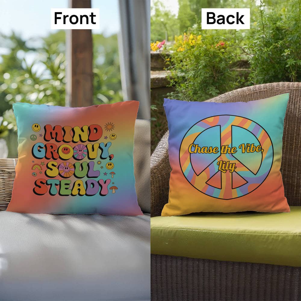 Mind Groovy, Soul Steady personalized indoor/outdoor pillow, emotional wellness & 70s vibes - MySisterIsASurvivor