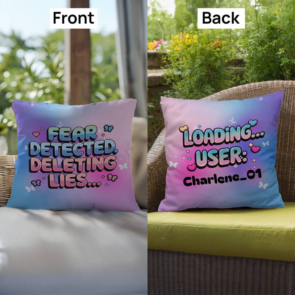 Mental health pillow with Fear Detected. Deleting Lies… in Y2K chrome text, personalized for unique therapy or dorm decor