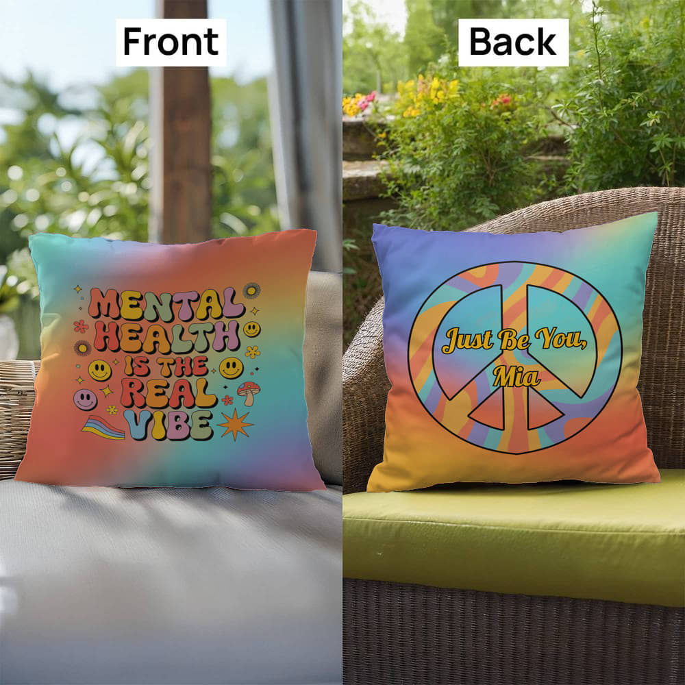 Custom retro pillow with “Mental Health Is the Real Vibe” in nostalgic script and color blend background for mental wellness advocates