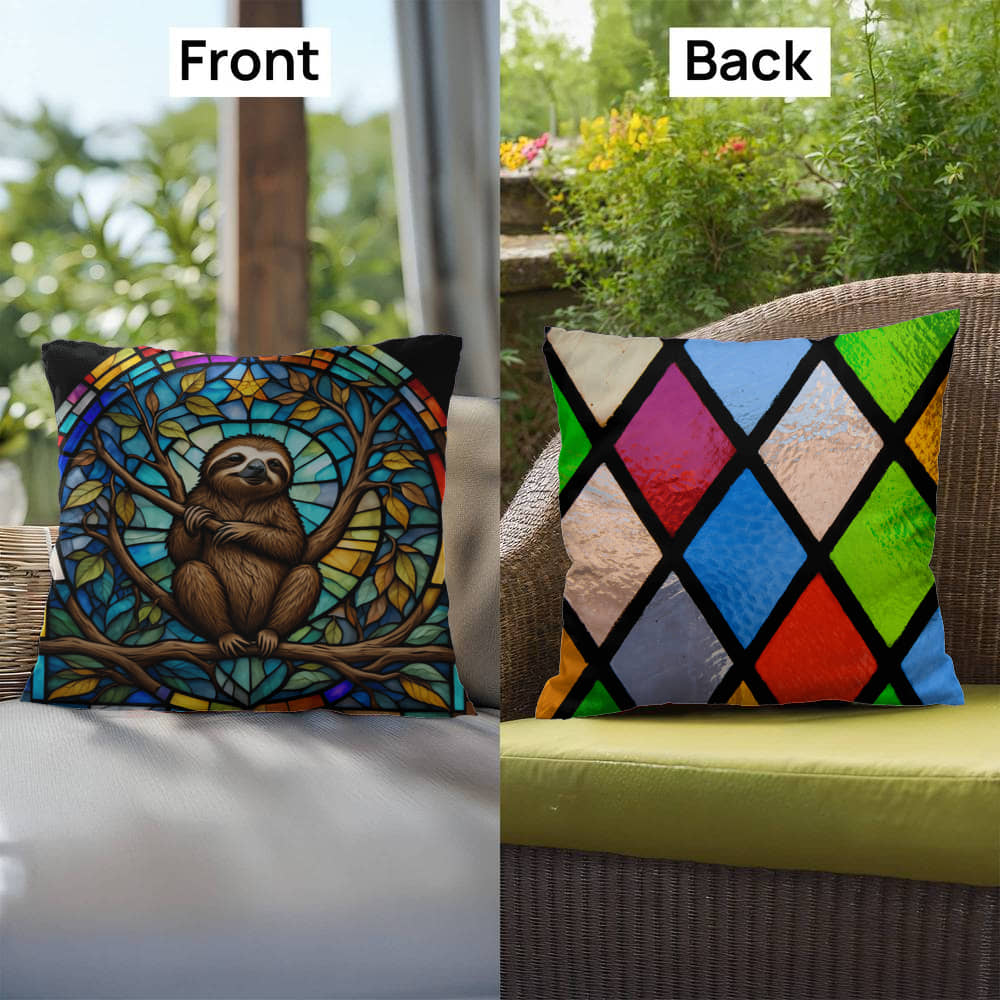 Sloth stained glass throw pillow, jungle animal decor, indoor outdoor cozy home accent
