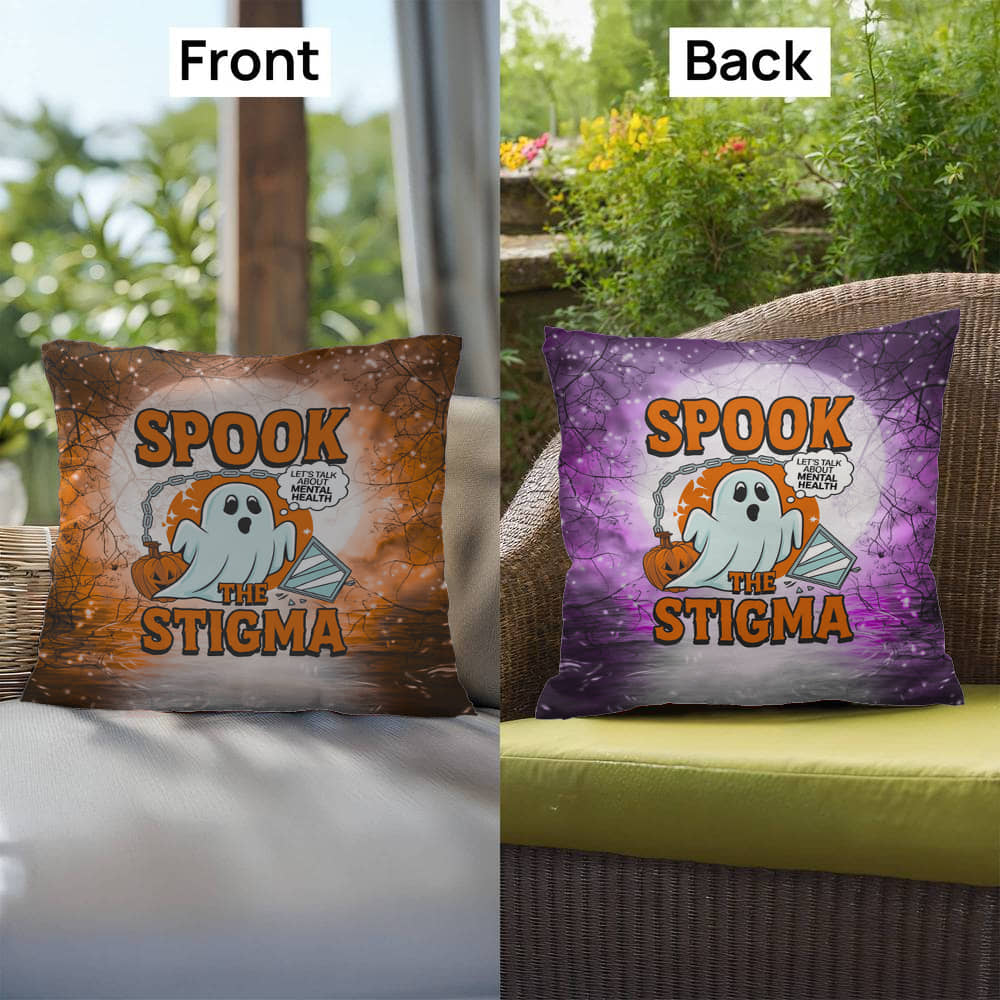 Ghost-themed indoor/outdoor Halloween pillow with “Spook The Stigma” for mental health awareness